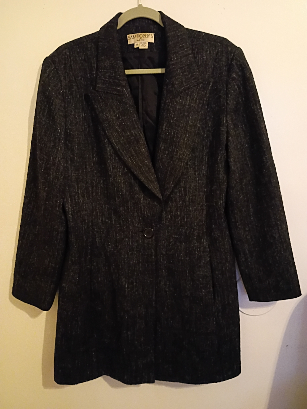 VTG Sam Roberts Women's Black‎ Long Tweed Blazer Jacket Wool Sz 14